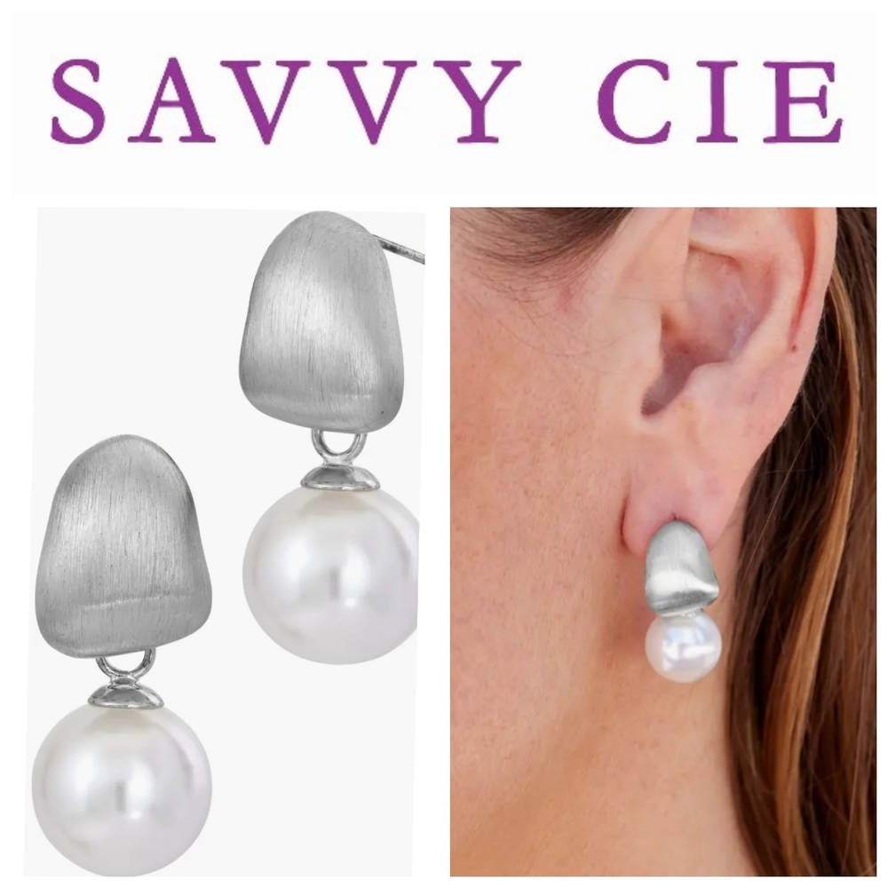 Savvy Cie Silver Brushed Mother-of-Pearl Drop Earrings